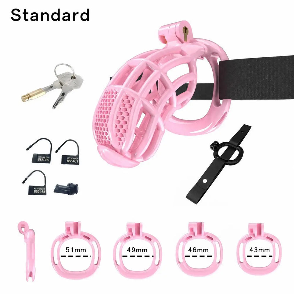 Pink Standard honeycomb cage with belt, four base rings and keys
