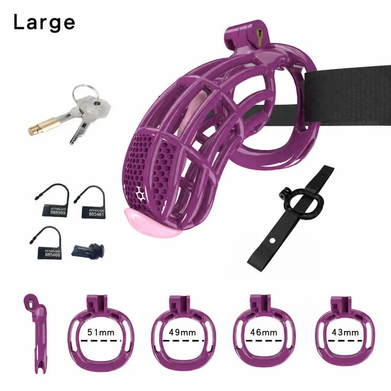 Purple Large honeycomb cage with belt, four base rings and keys
