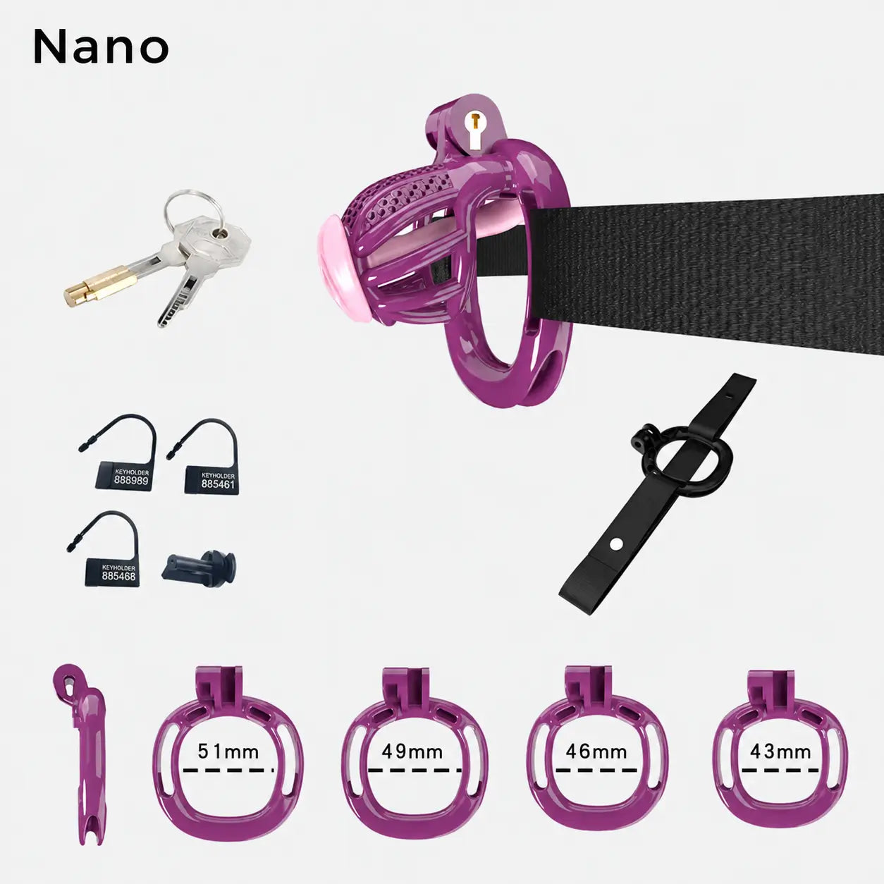 Purple Nano honeycomb cage with belt, four base rings and keys
