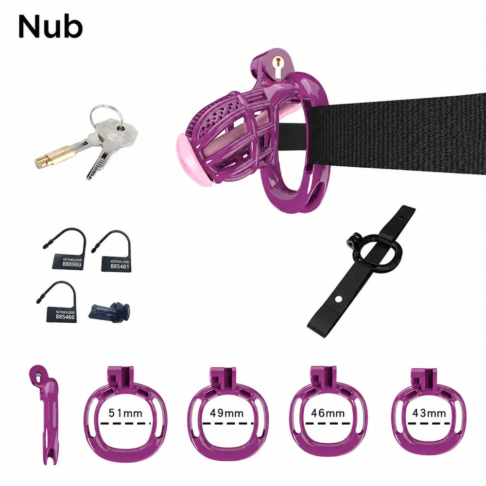 Purple Nub honeycomb cage with belt, four base rings and keys
