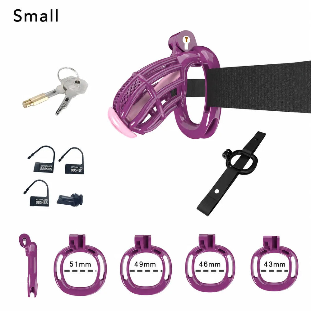 Purple Small honeycomb cage with belt, four base rings and keys
