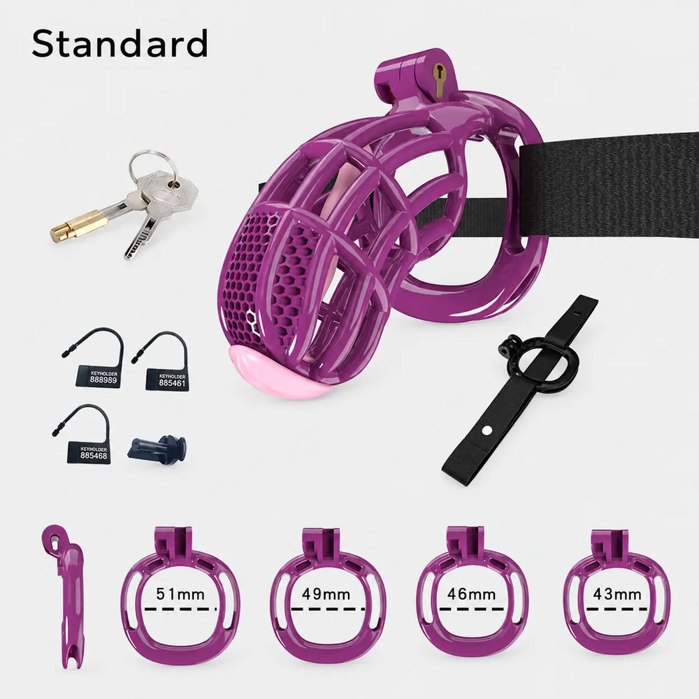 Purple Standard honeycomb cage with belt, four base rings and keys

