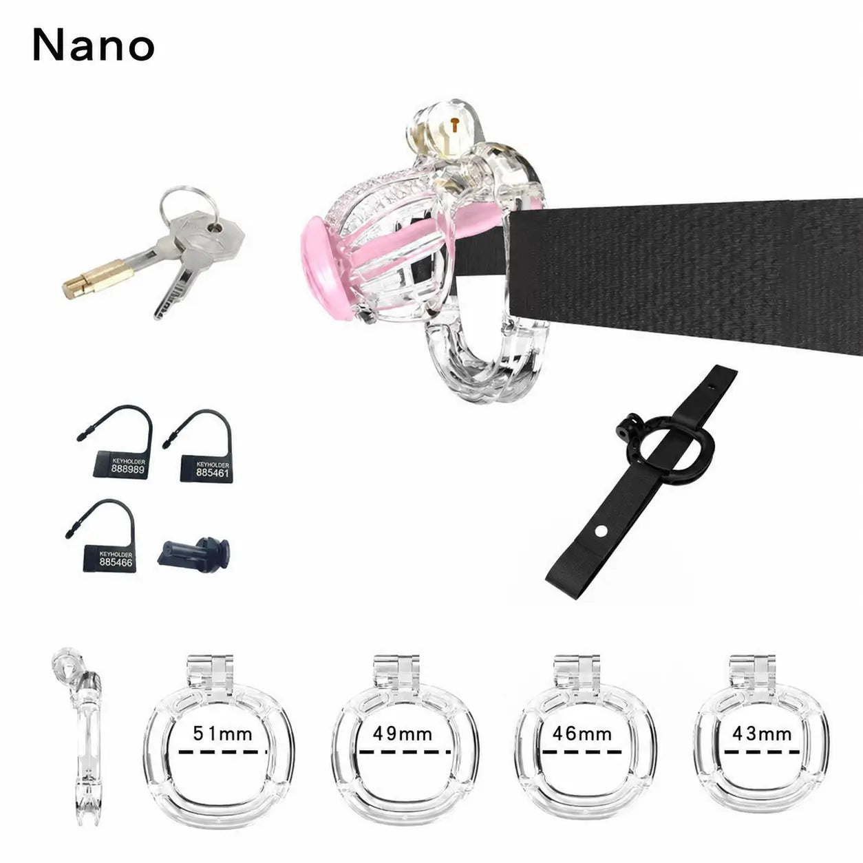 Transparent Nano honeycomb cage with belt, four base rings and keys
