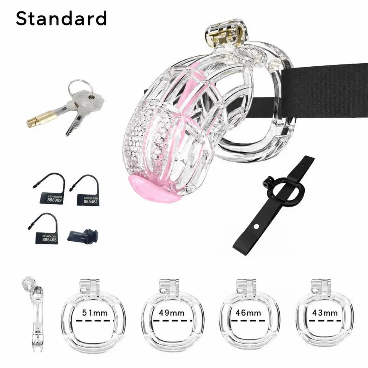 Transparent Standard honeycomb cage with belt, four base rings and keys
