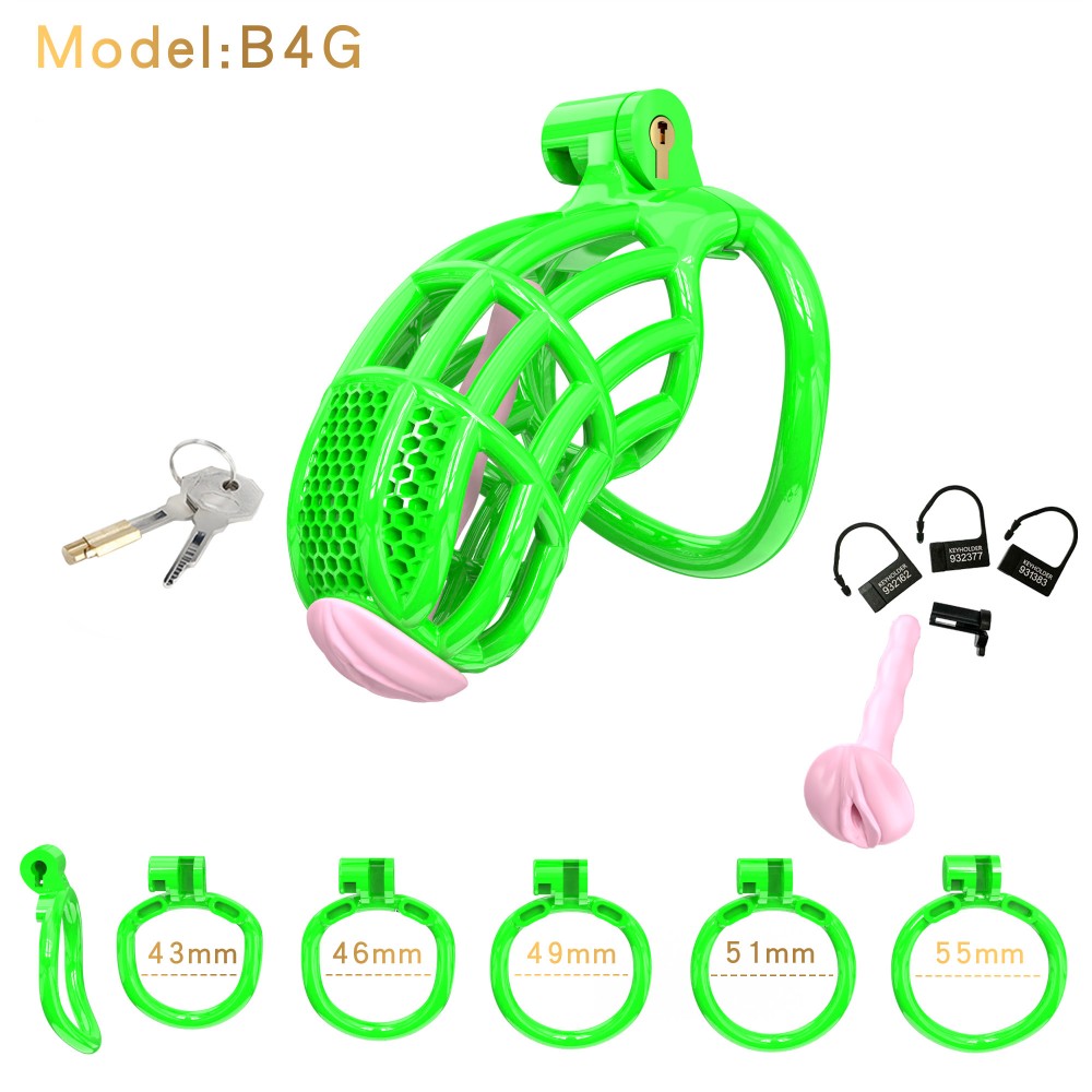 Green B4G honeycomb cage with five rings, locks and keys