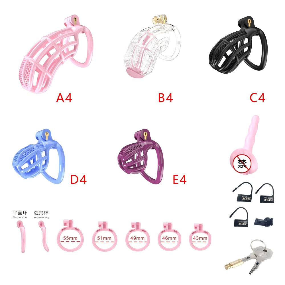 Honeycomb resin cage colors with five rings, locks, catheter and keys