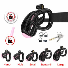 Black honeycomb resin cage with belt and five illustrated cage lengths
