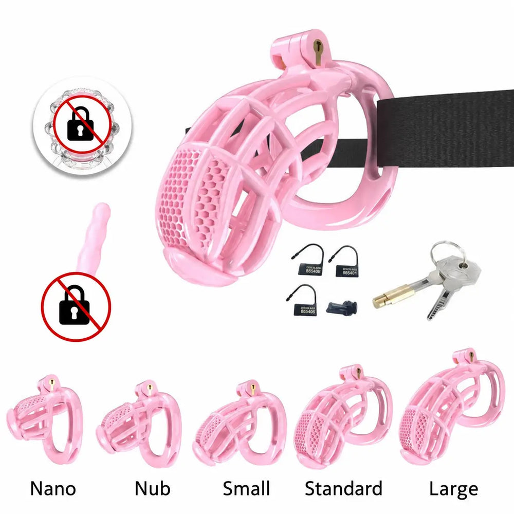 Pink honeycomb resin cage with belt and five illustrated cage lengths
