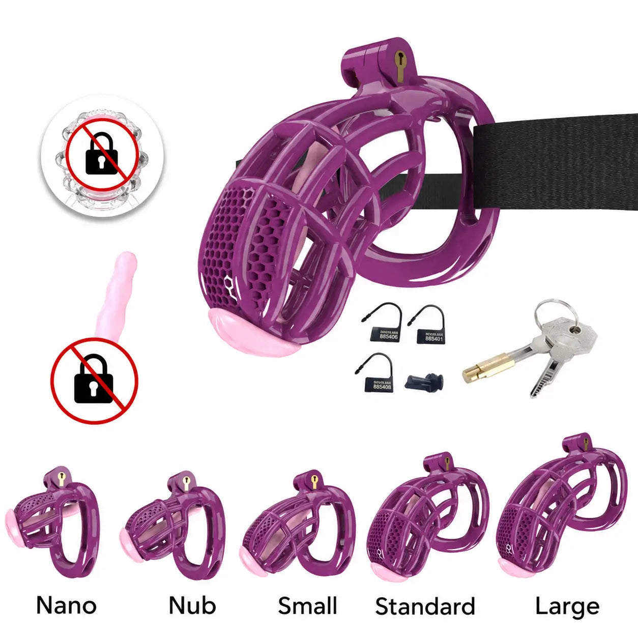 Purple honeycomb resin cage with belt and five illustrated cage lengths
