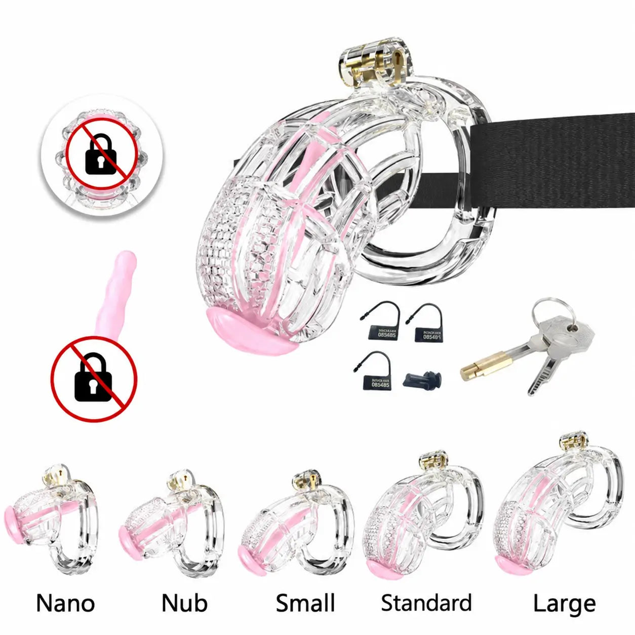 Transparent honeycomb resin cage with belt and five illustrated cage lengths

