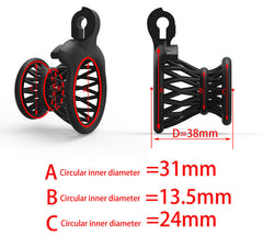 Inverted resin chastity cage showing 38 mm depth and internal dimensions