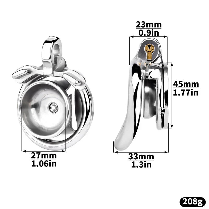 Enclosed inverted steel chastity cage 33 by 45 by 23mm dimensions