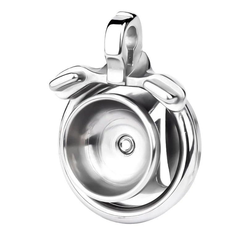 Enclosed inverted steel chastity cage with arc-shaped support insert shown