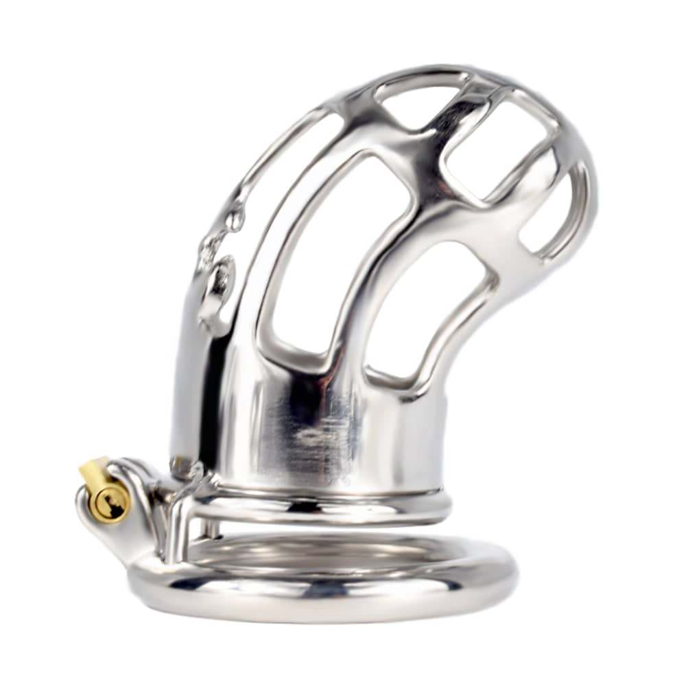 JTS S220 vented stainless steel chastity cage viewed from the lock side