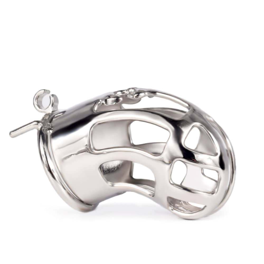 Side profile of the JTS S220 stainless steel chastity cage with keys attached to the lock