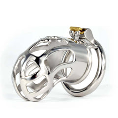 Angled front view of the JTS S220 stainless steel chastity cage with large cutouts and a sliding lock