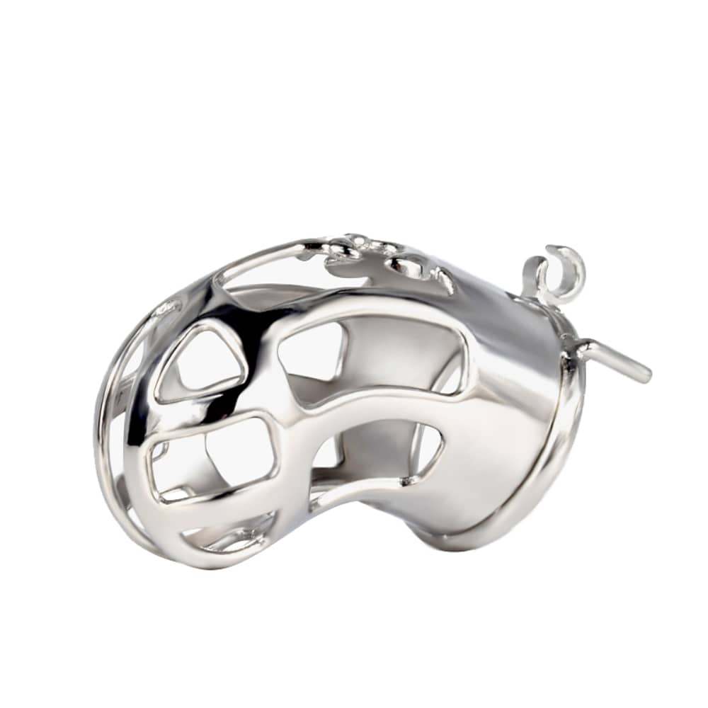 Angled view of the JTS S220 stainless steel chastity cage with keys attached to the lock