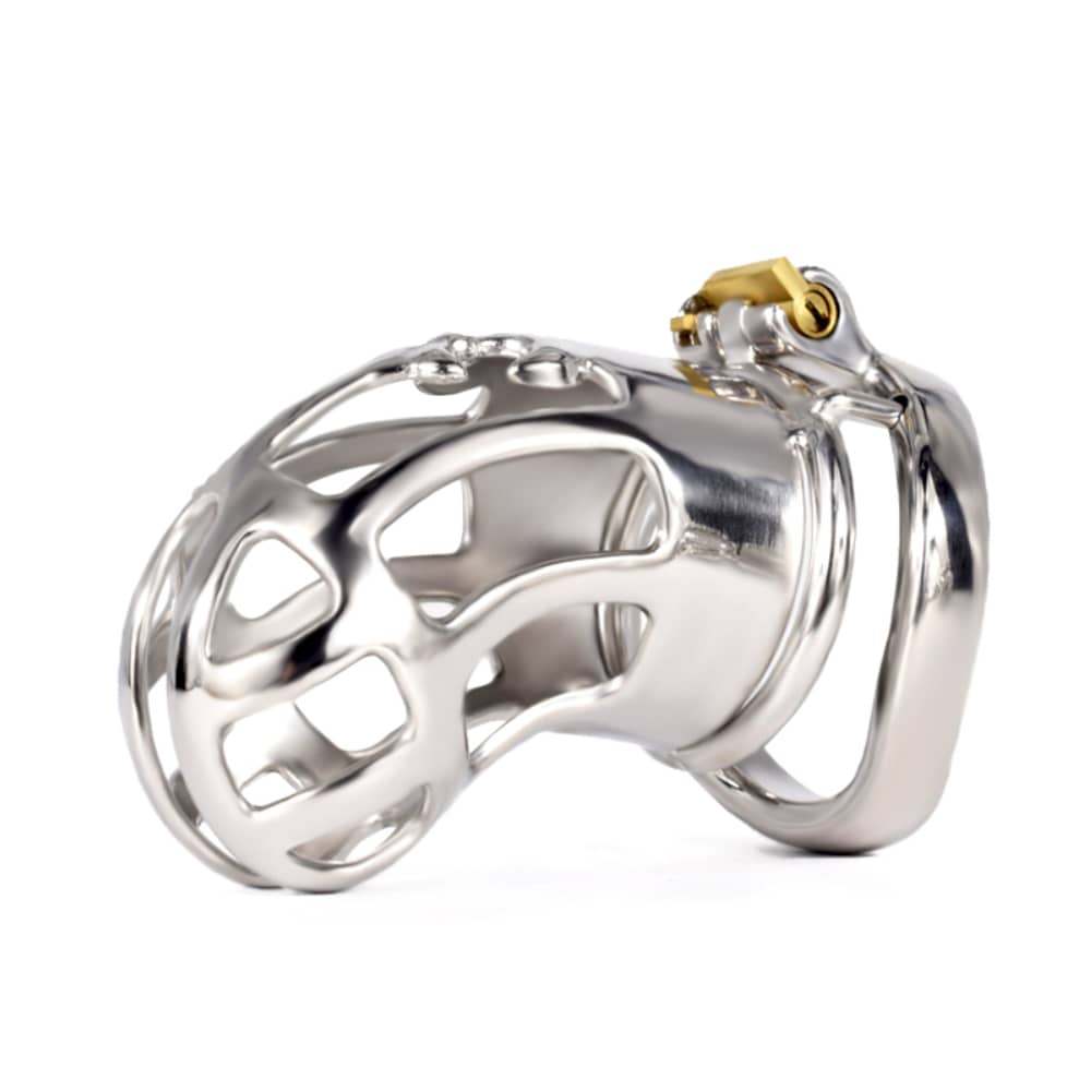 Angled view of the JTS S220 vented chastity cage showing the lock keyhole and base ring