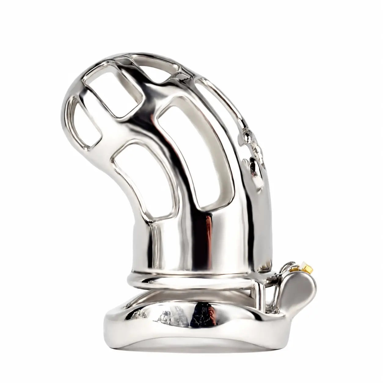 Side view of the JTS S220 stainless steel chastity cage showing its curved body, ventilation openings and base ring