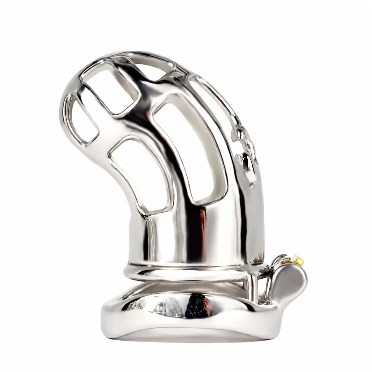 Side view of the JTS S220 stainless steel chastity cage showing its curved body, ventilation openings and base ring
