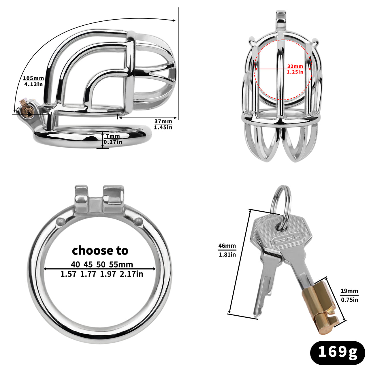 JTS S222 circular-ring cage measurement chart with 32 mm internal diameter, selectable base ring, lock and two keys