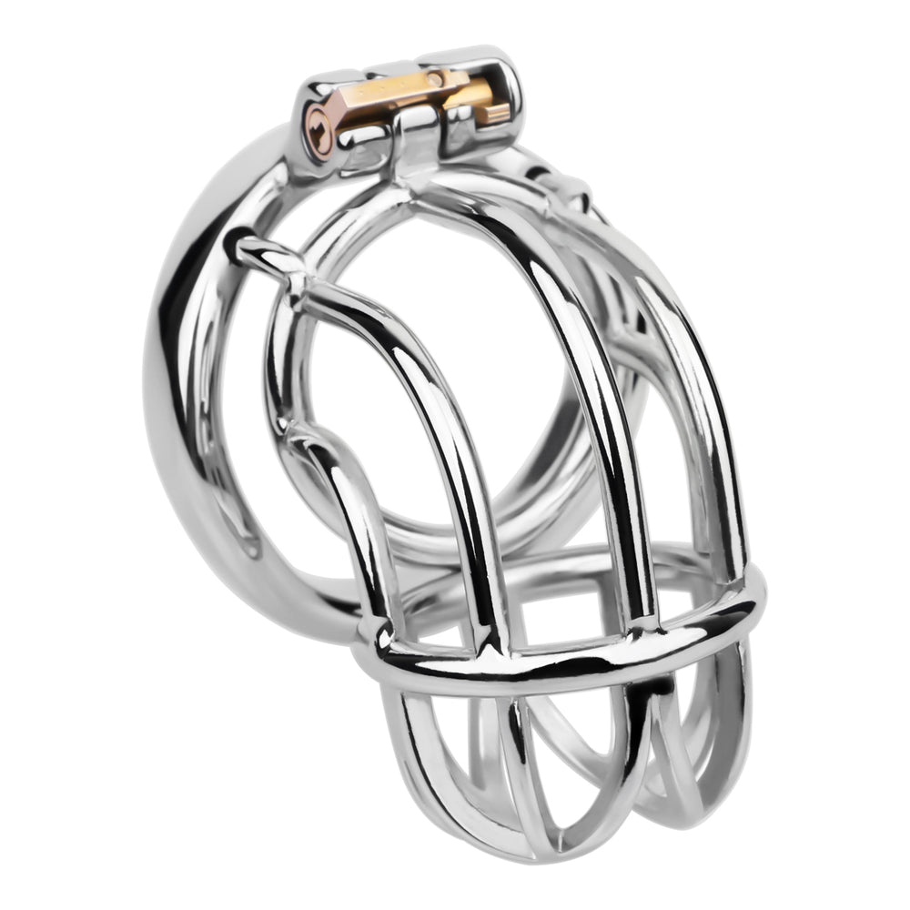 Angled side view of the JTS S222 cage with curved base ring and open-frame steel bars