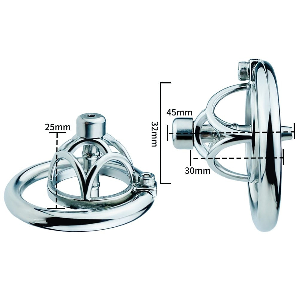 JTS S237 cage with metal urethral tube and side-view measurement diagram