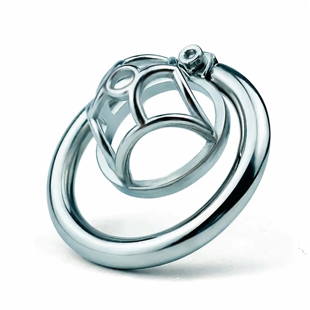 Angled view of the JTS S237 open-frame steel chastity cage with circular ring