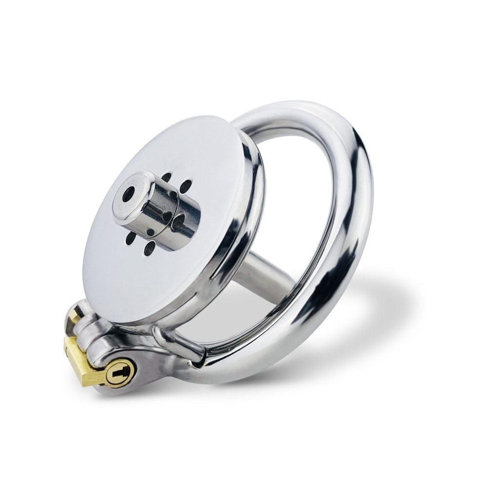 Angled view of the JTS S239 circular-ring cage with the optional urethral sound fitted
