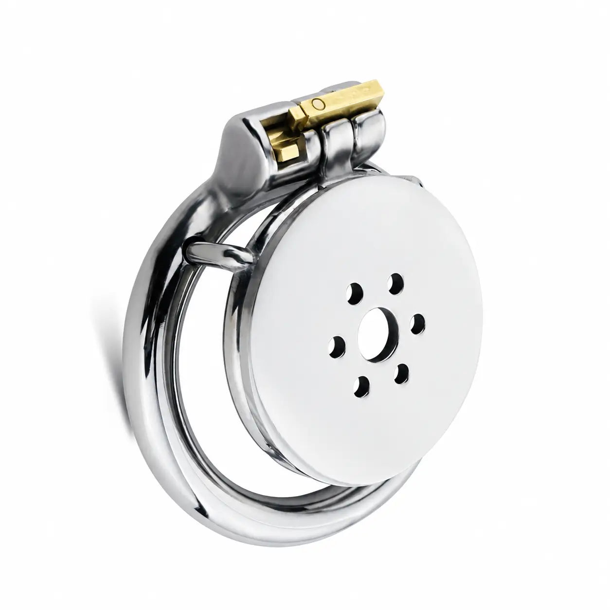 JTS S239 flat chastity cage with a round base ring, perforated front plate and locking mechanism