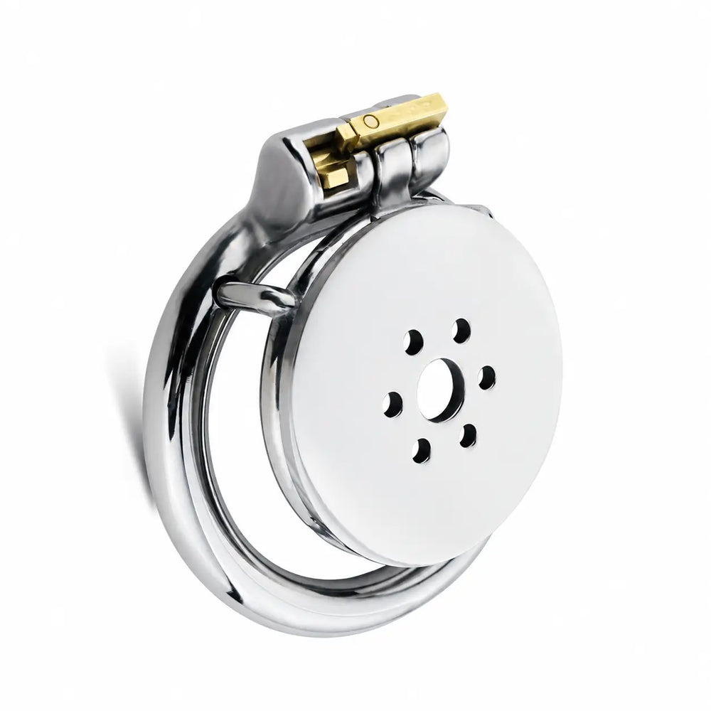JTS S239 flat chastity cage with a round base ring, perforated front plate and locking mechanism