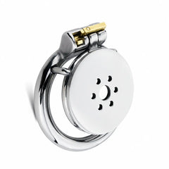 JTS S239 flat chastity cage with a round base ring, perforated front plate and locking mechanism
