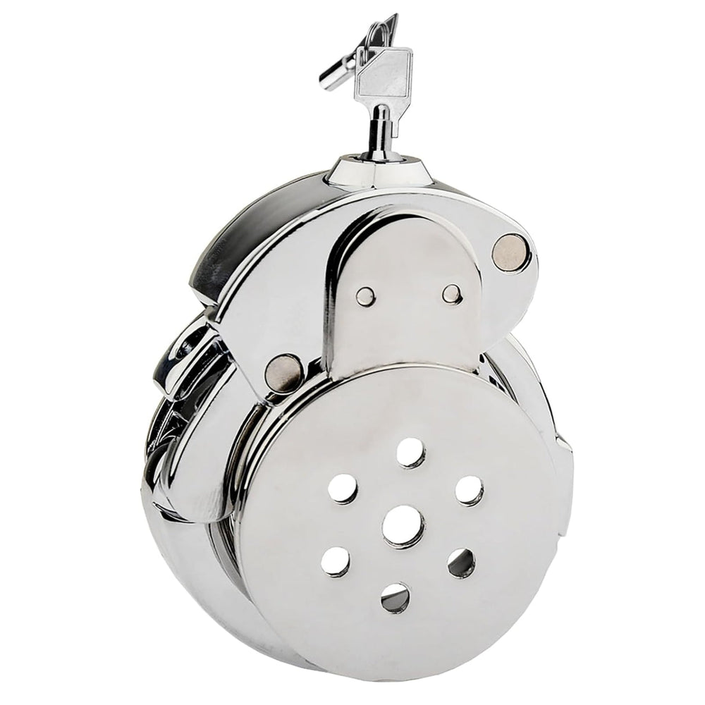 Front view of adjustable stainless steel chastity cage
