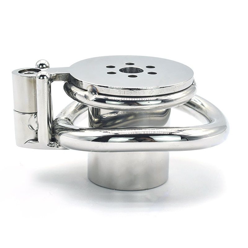 Profile view of keyless inverted chastity cage LKM-074