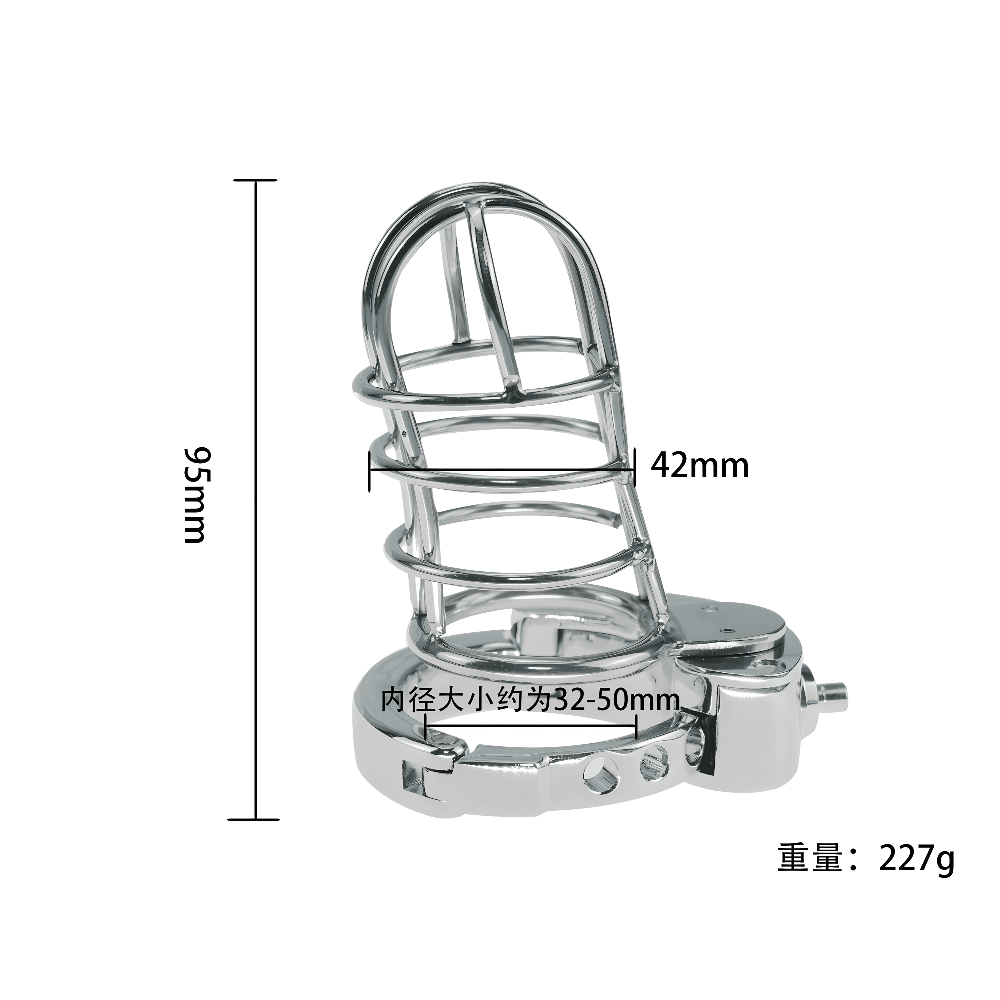 ZC-078 adjustable chastity cage showing 95mm height 42mm width and 227g weight