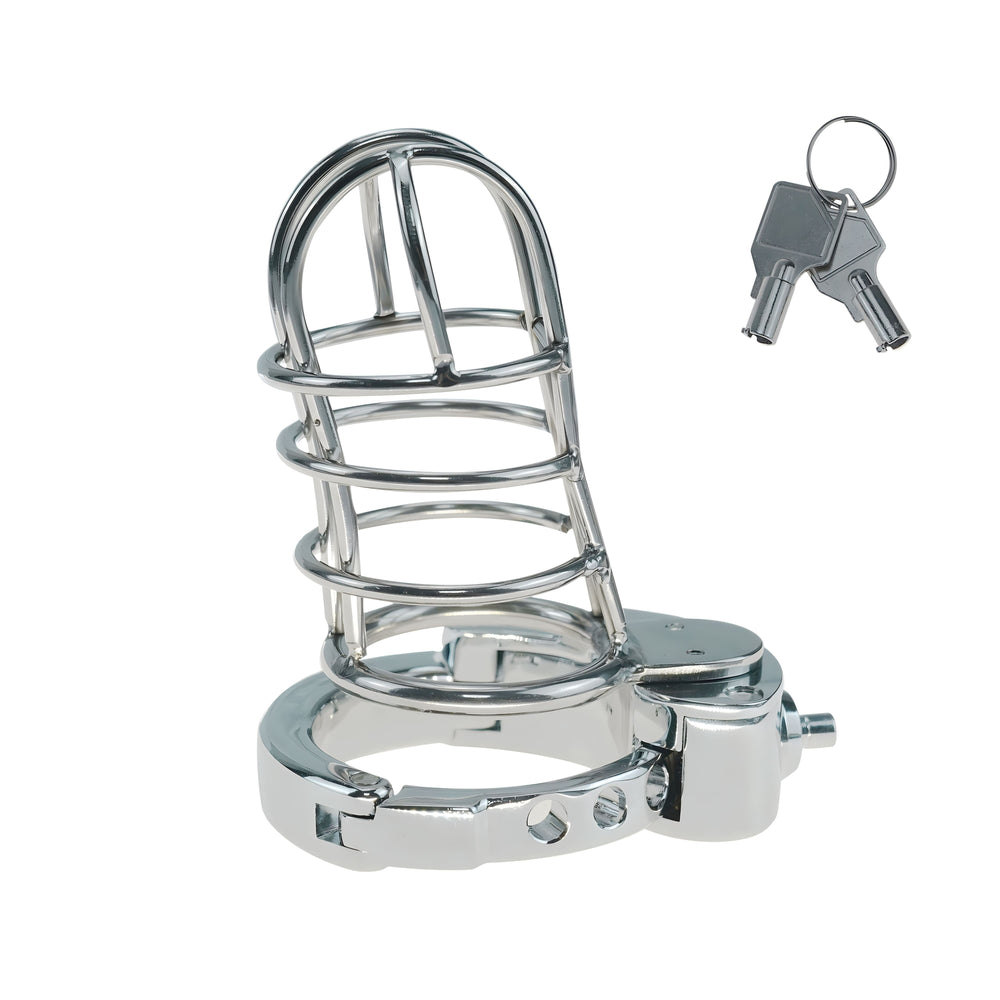Large adjustable metal chastity cage ZC-078 angled view with keys