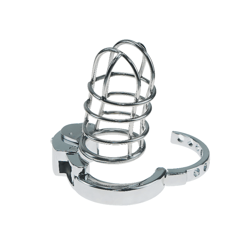 Side view of large adjustable metal chastity cage ZC-078