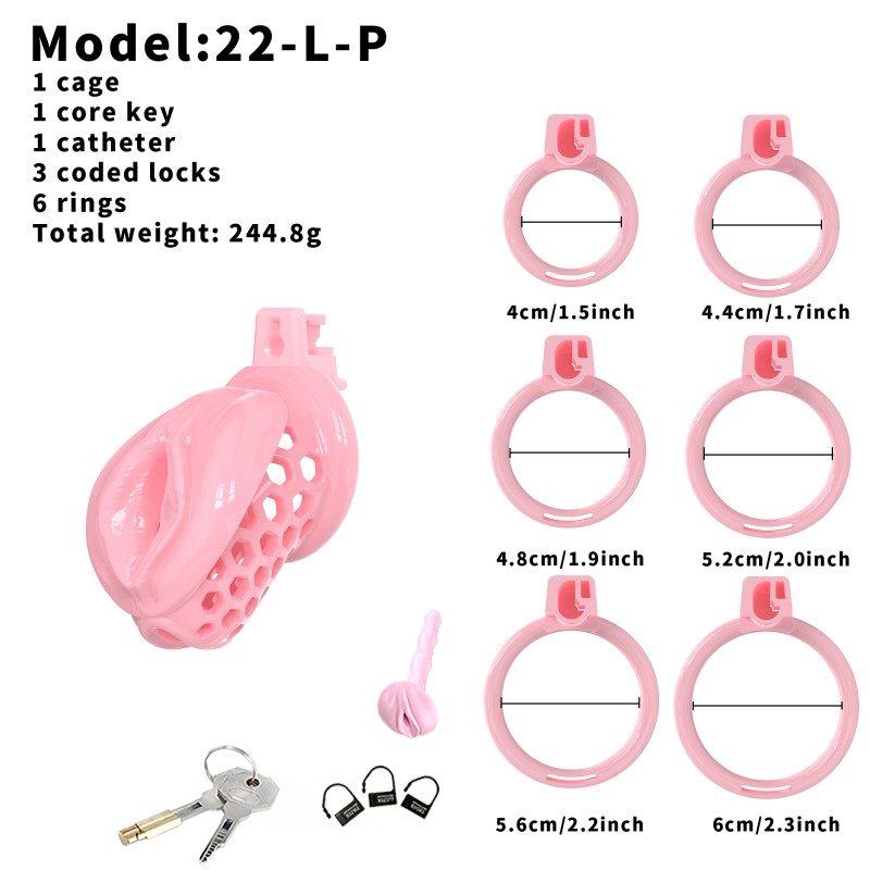 Large pink clitoral silicone cage package with six rings and locks