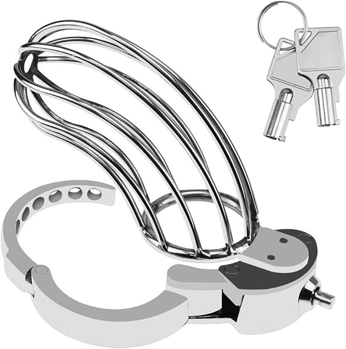 Large curved metal chastity cage ZC-069 with hinged ring open and keys