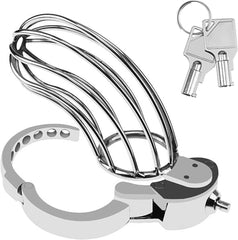 Large curved metal chastity cage ZC-069 with hinged ring open and keys