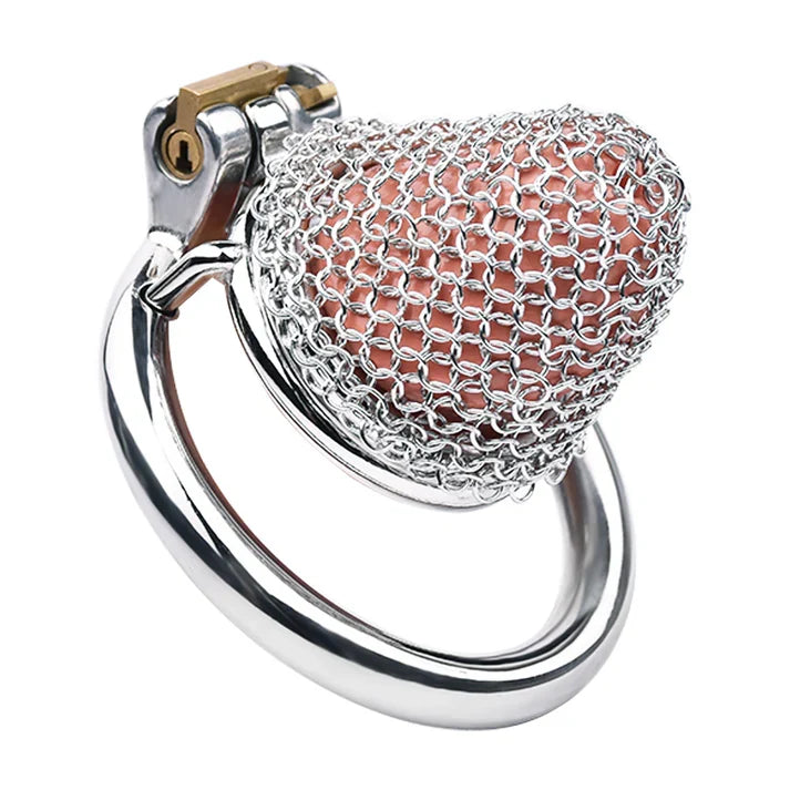 Front view of open-weave stainless steel mesh chastity cage
