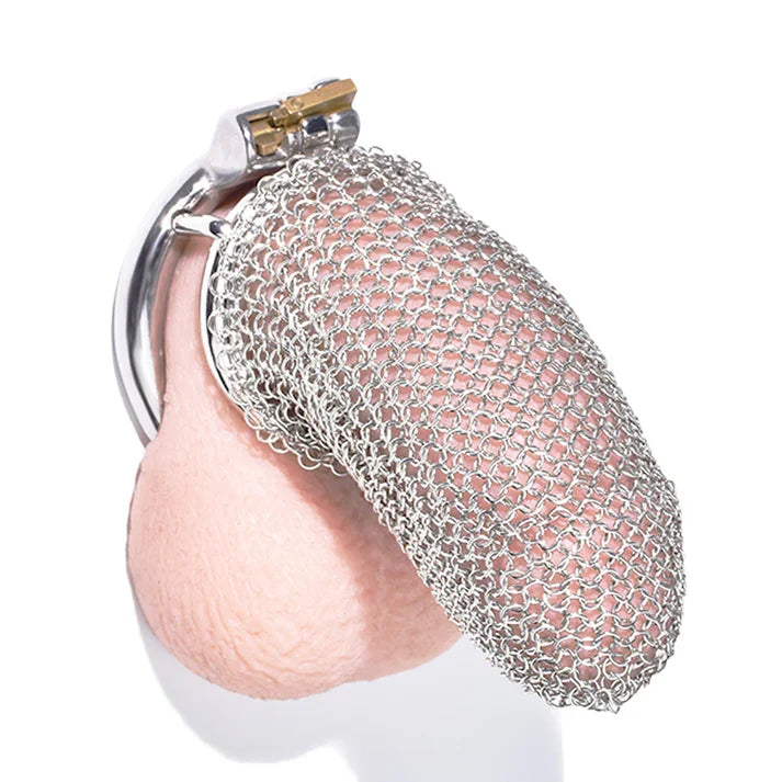 LKM-024 flexible stainless steel mesh chastity cage shown in use