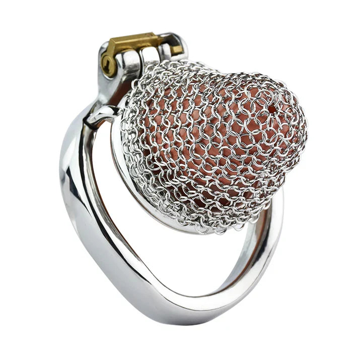 Angled view of flexible chain-link steel cage and round base ring