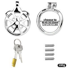 Spiked steel cage with base ring screw tips lock and keys