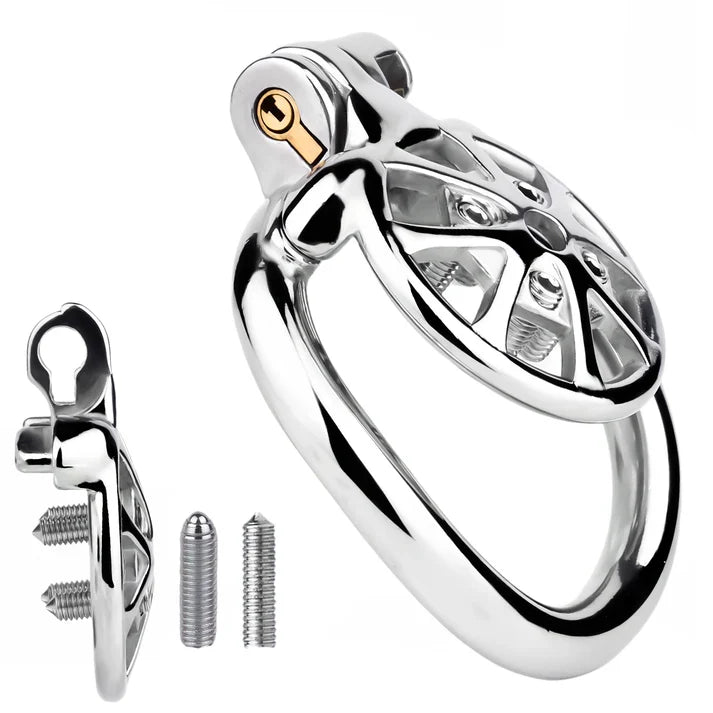 LKM-093 polished steel chastity cage with removable screw spikes