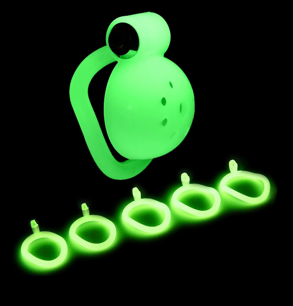 Green glowing domed ABS cage displayed with five luminous base rings
