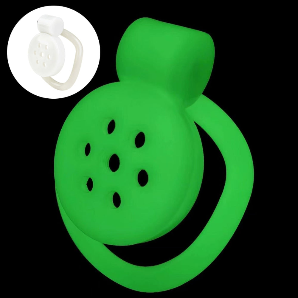 Flat perforated ABS cage glowing green with a white daytime inset
