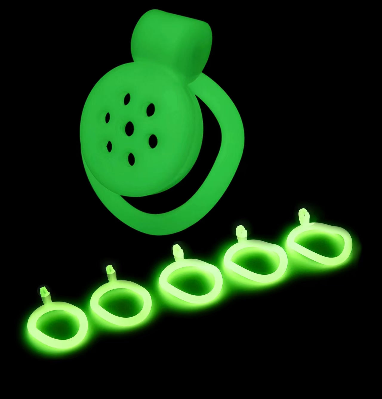 Green glowing flat-disc ABS cage displayed with five base rings
