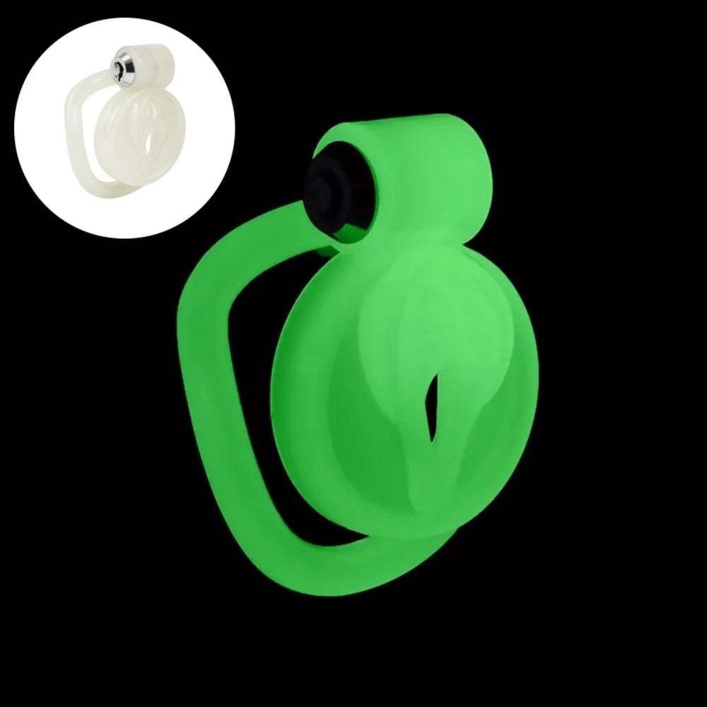 Pussy B ABS cage glowing green with a white daytime inset
