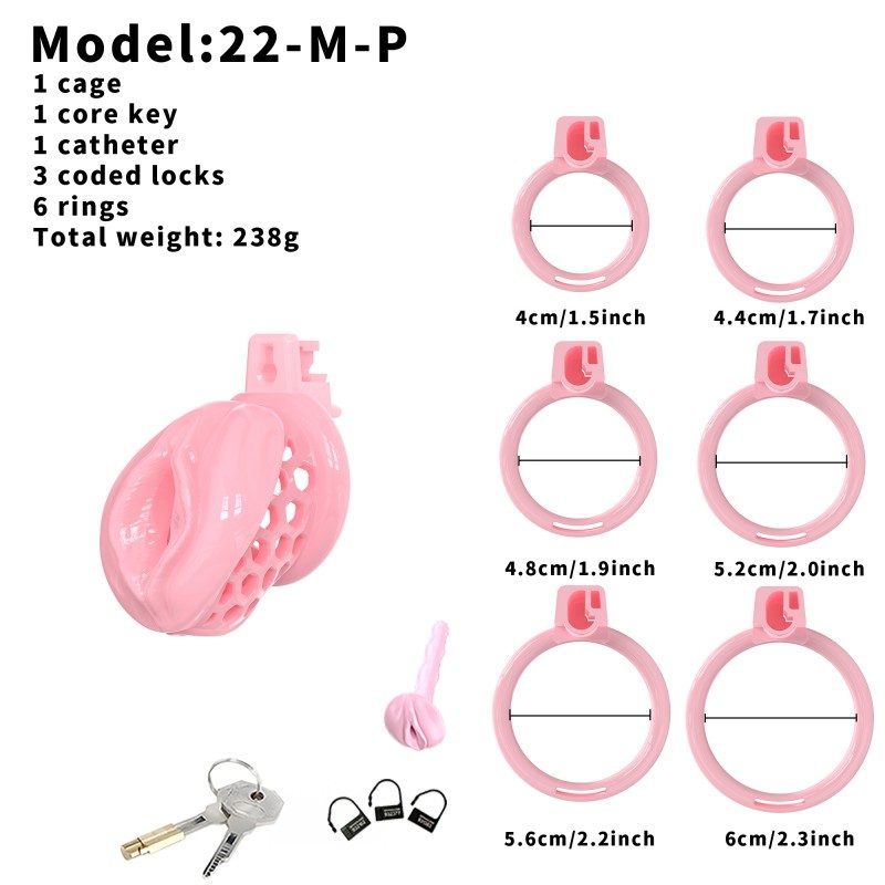 Medium pink clitoral silicone cage package with six rings and locks